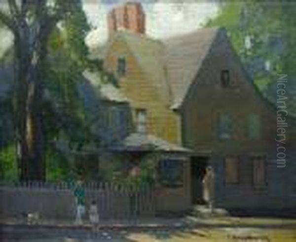 Figures And Terrier Outside
Midwestern Home Oil Painting by George Ames Aldrich