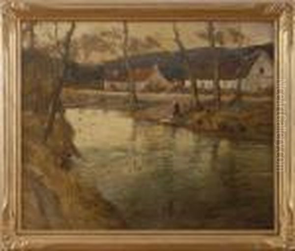 Farm House By River Oil Painting by George Ames Aldrich