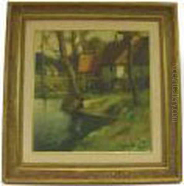 Cottages Along A River In Normandy Oil Painting by George Ames Aldrich