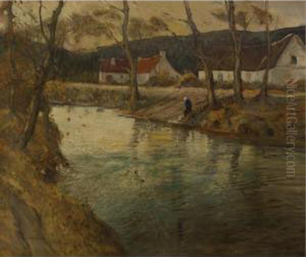 Farmhouses Beside A River Oil Painting by George Ames Aldrich