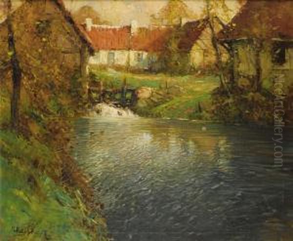 Cottages Along A River In Normandy Oil Painting by George Ames Aldrich