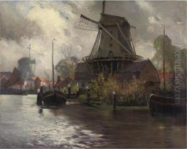 Windmills Along A River Oil Painting by George Ames Aldrich