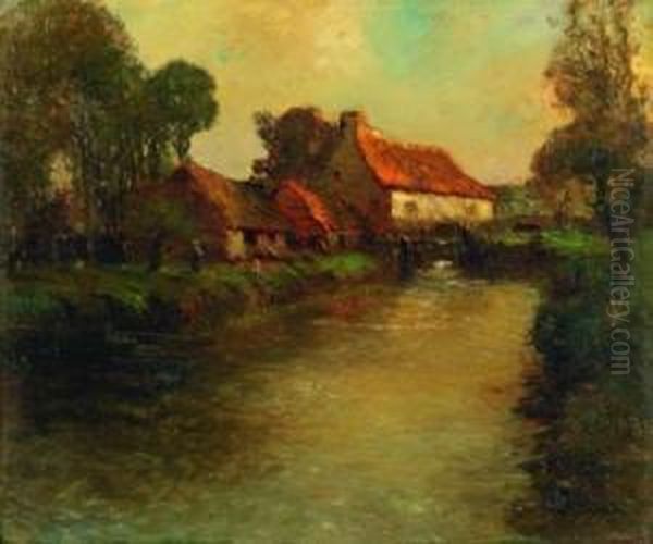 Cottages By A Stream Oil Painting by George Ames Aldrich