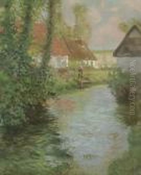 Cottages By A Canal Oil Painting by George Ames Aldrich