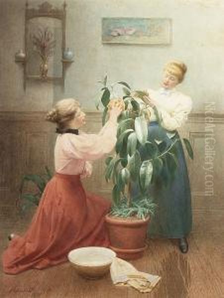 Cleaning The Rubber Plant Oil Painting by George Ames Aldrich