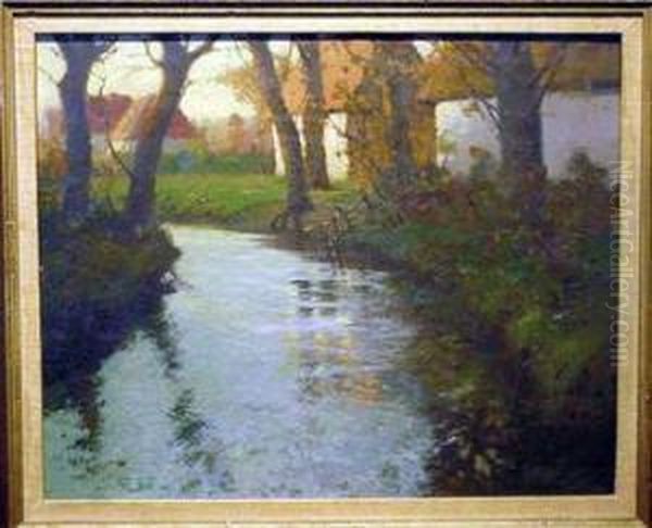 Cottages By The River, Brittany Oil Painting by George Ames Aldrich