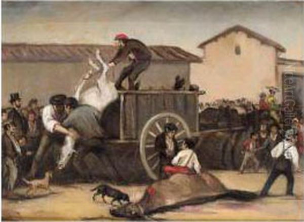 El Patio De Caballos (after The Fight) Oil Painting by Leonardo Alenza Y Nieto