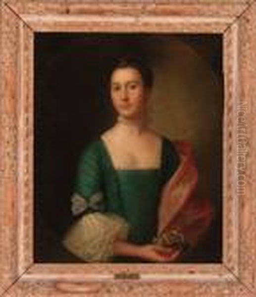 Portrait Of A Lady Traditionally
 Identified As Lady Jessiedumphries, Half-length, In A Blue Dress And 
Red Wrap, Wearing Apearl Choker And Hairpiece, Holding A Posey In Her 
Right Hand, In Afeigned Oval Oil Painting by Cosmo Alexander