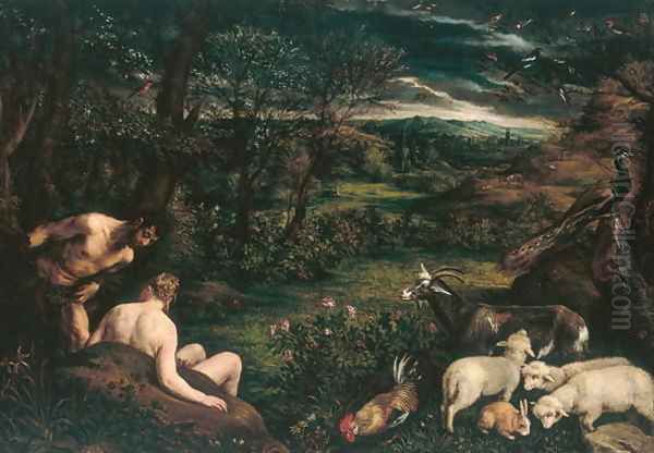 The Garden of Eden Oil Painting by Jacopo Bassano (Jacopo da Ponte)