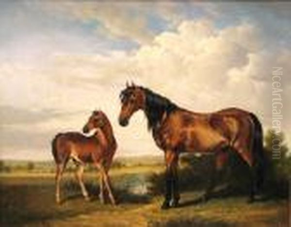 A Mare And Foal In An Extensive Landscape Oil Painting by Robert L. Alexander