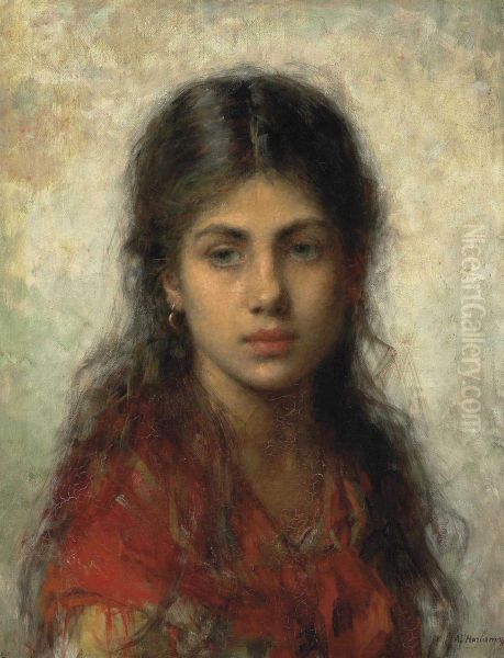 Girl With A Red Shawl Oil Painting by Alexei Alexeivich Harlamoff