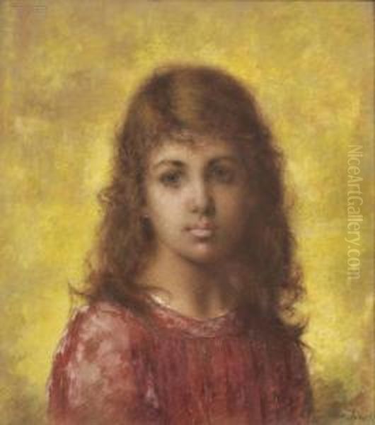 Portrait Of A Young Girl In Red / A Krasnodar Type Oil Painting by Alexei Alexeivich Harlamoff