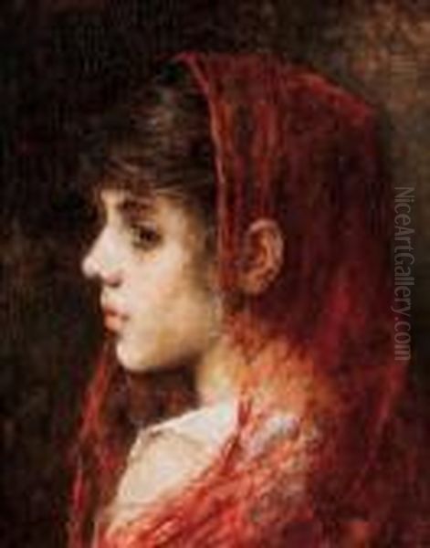 Portrait Of A Young Girl With A Red Veil Oil Painting by Alexei Alexeivich Harlamoff