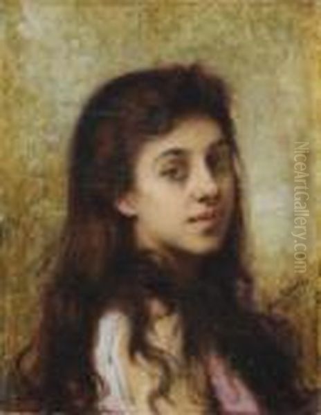 Portrait De Jeune Fille Oil Painting by Alexei Alexeivich Harlamoff