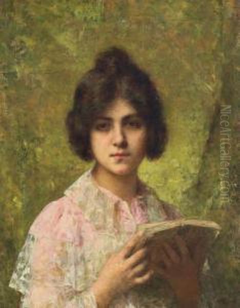 A Young Woman Holding A Book Oil Painting by Alexei Alexeivich Harlamoff