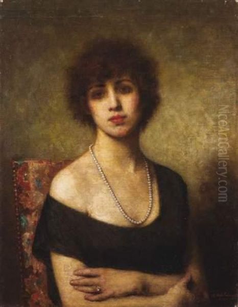 Femme En Noir Au Collier De Perles Oil Painting by Alexei Alexeivich Harlamoff