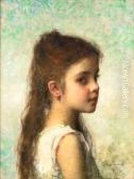 Young Girl Before A Blue Background Oil Painting by Alexei Alexeivich Harlamoff