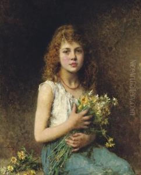 Girl With Spring Flowers Oil Painting by Alexei Alexeivich Harlamoff