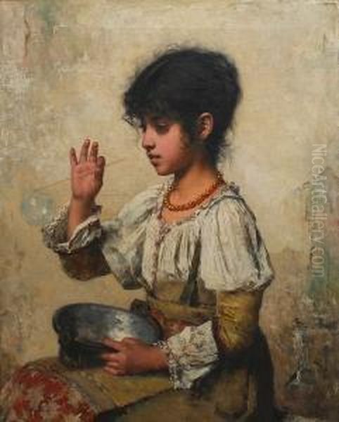 Young Girl Blowing Bubbles Oil Painting by Alexei Alexeivich Harlamoff