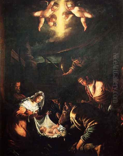 The Adoration of the Shepherds (2) Oil Painting by Jacopo Bassano (Jacopo da Ponte)