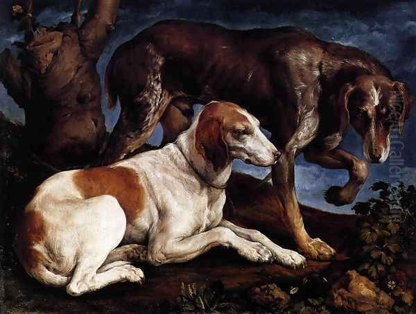 Two Hounds Oil Painting by Jacopo Bassano (Jacopo da Ponte)