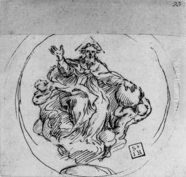 God The Father On A Cloud With Two Putti: Design For A Medal Oil Painting by Alessandro Algardi