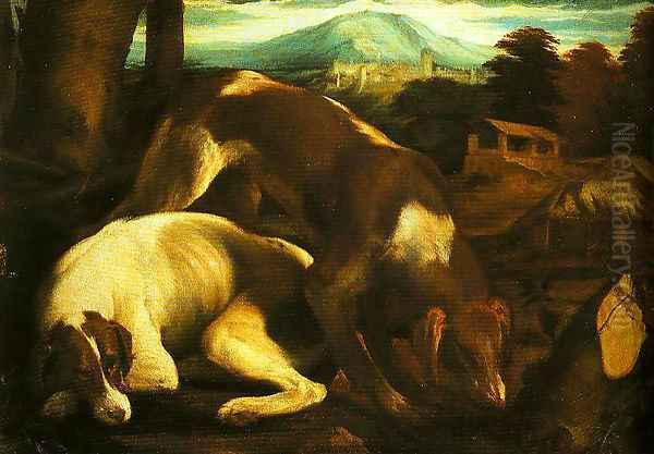 Two Dogs Oil Painting by Jacopo Bassano (Jacopo da Ponte)