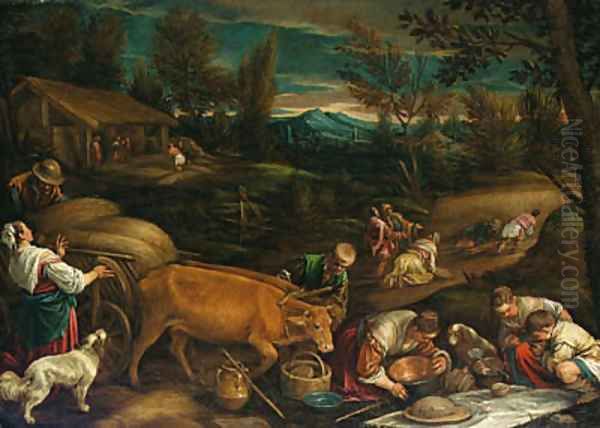 Summer a wooded landscape with peasants harvesting, a meal being laid out in the foreground Oil Painting by Jacopo Bassano (Jacopo da Ponte)