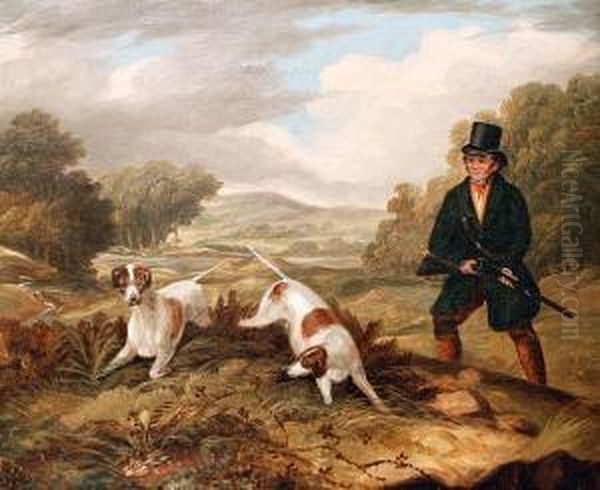 A Sportsman And Dogs With A Rabbit In Theforeground Oil Painting by Samuel Jun Alken