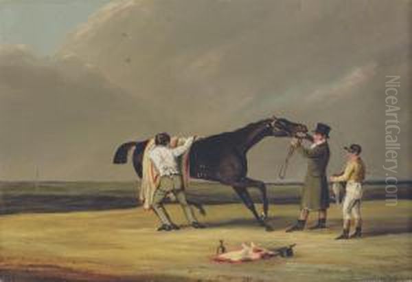 A Racehorse With A Groom, Trainer And Jockey Oil Painting by Samuel Jun Alken