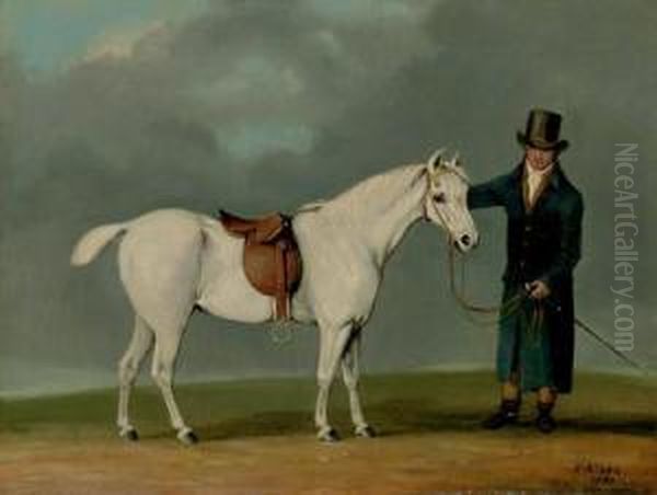 A Gentleman With A Saddled Grey Hunter Oil Painting by Samuel Jun Alken