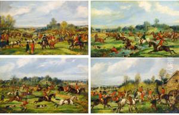 The Meet; Taking The Fence; Crossing The Brook; Gone To Ground Oil Painting by Samuel Jun Alken