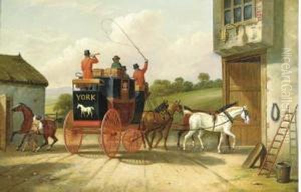 The York And Doncaster Coach Halting At An Inn Oil Painting by Herny Jr Alken