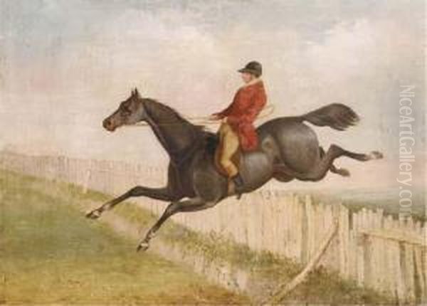 A Huntsman On Horseback Jumping A Fence Oil Painting by Herny Jr Alken