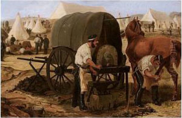 Farriers Of The 17th Lancers Shoeing A Horse With The Aid Of A Mobile Forge, Circa 1845 Oil Painting by Herny Jr Alken