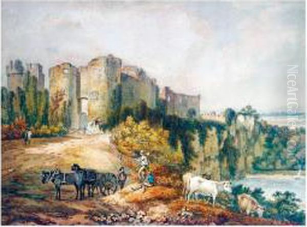 Figures And Cattle By Chepstow Castle Oil Painting by Henry Thomas Alken