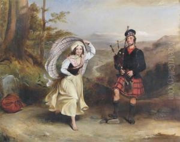 A Piper And His Lassie In A Landscape Oil Painting by Sir William Allan