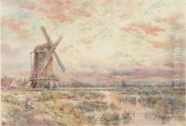 A Windmill On The Fens At Dusk Oil Painting by Charles Frederick Allbon