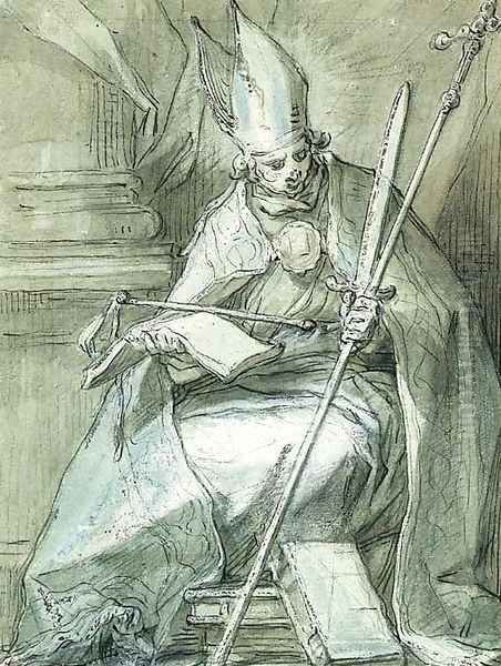 A seated Bishop holding a Crozier, a Sword, a Whip and a Book Oil Painting by Abraham Bloemaert