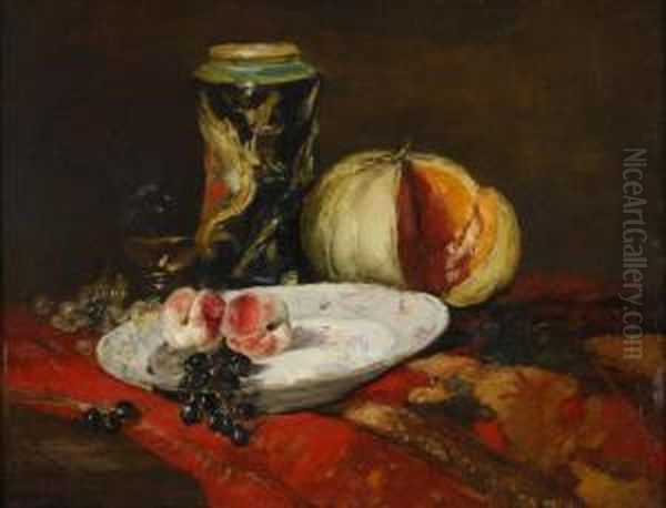 Melon, Vase Et Fruits. Oil Painting by Raymond Allegre