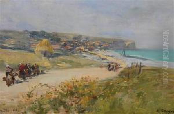 Figures On A French Coastal Path Oil Painting by Raymond Allegre