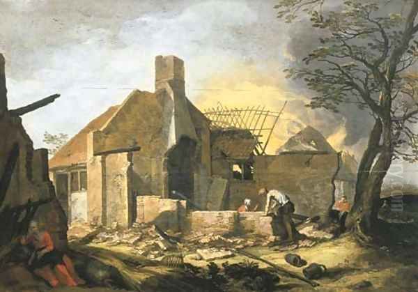 A landscape with farm buildings on fire Oil Painting by Abraham Bloemaert