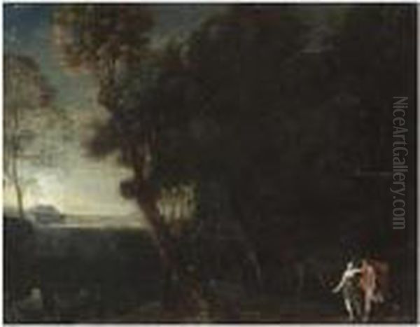 A Wooded Landscape With Two Hunters, Probably Cephalus And Procris Oil Painting by Francesco Allegrini