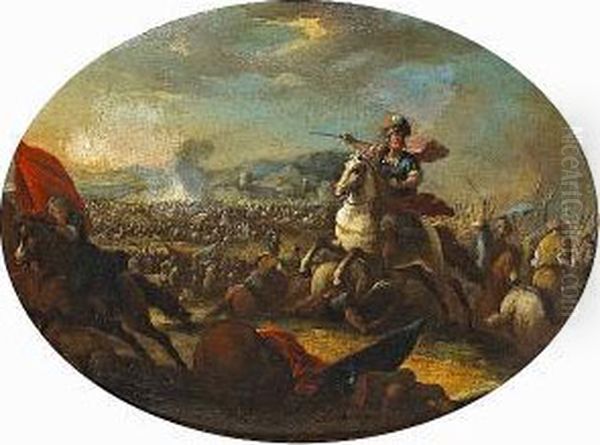 A Battle Scene With A Mounted Warrior In Theforeground Oil Painting by Francesco Allegrini