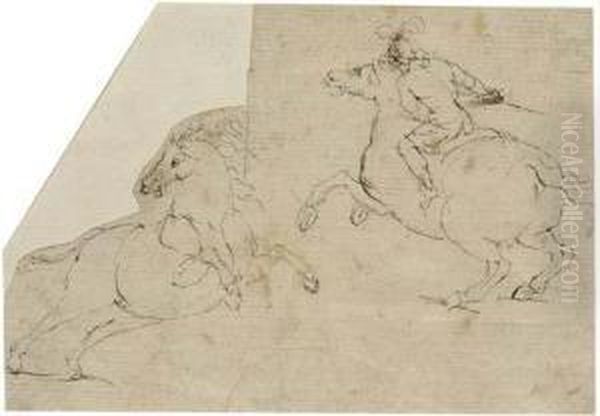 A Horseman In Profile To The Left And A Rearing Horse In Profile Tothe Right Oil Painting by Francesco Allegrini