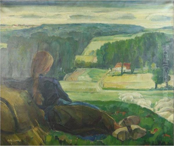 Girl At The Field Oil Painting by Albert Alleman