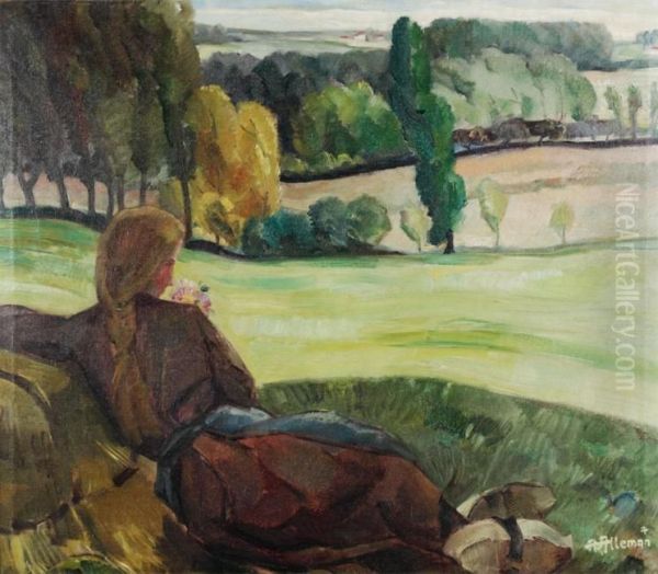 Girl Lying In A Field Oil Painting by Albert Alleman