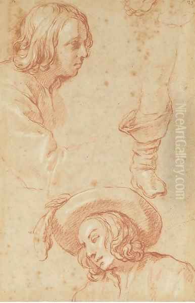 Studies of a boy, half-length, in profile to the right, and the same in a plumed hat looking down to the left, and a study of a right leg Oil Painting by Abraham Bloemaert