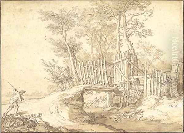 A peasant approaching a bridge over a stream, a wood beyond Oil Painting by Abraham Bloemaert