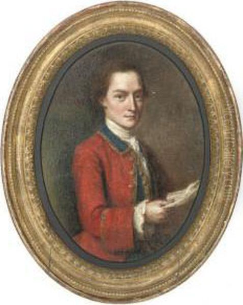 Portrait Of An Officer, Half-length, In A Red Coat With Blue Collar, Holding A Letter Oil Painting by Francis Alleyne